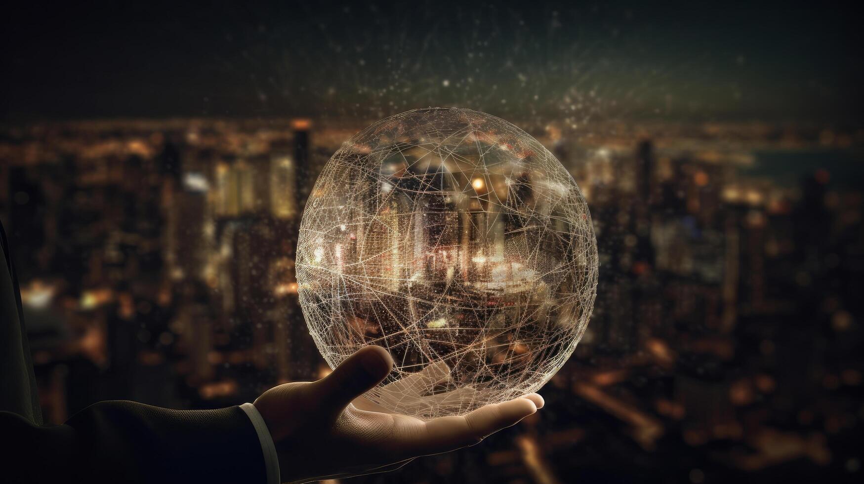 Man hand holds an electronic globe while looking at the city. Illustration photo