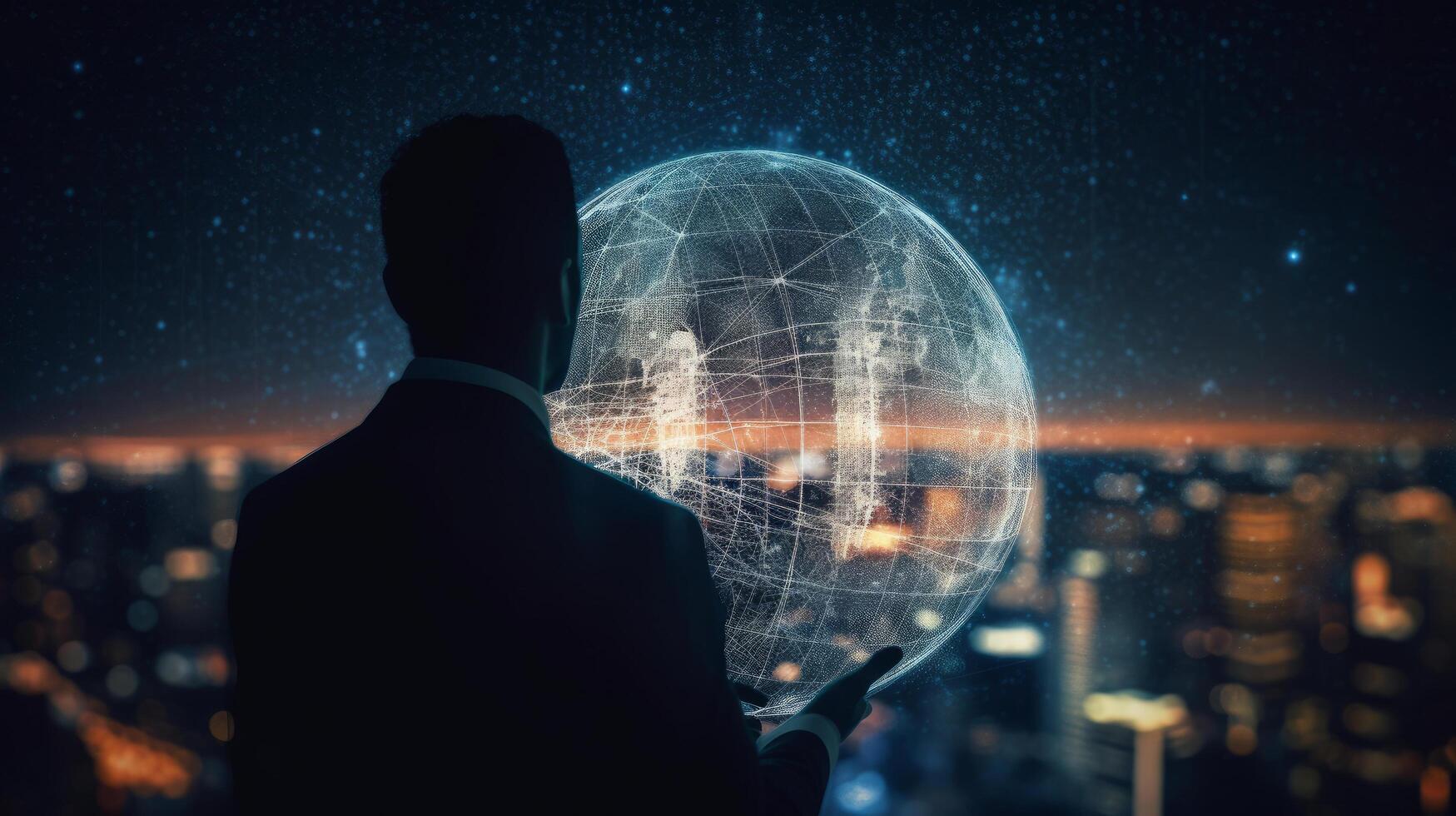 Man hand holds an electronic globe while looking at the city. Illustration photo