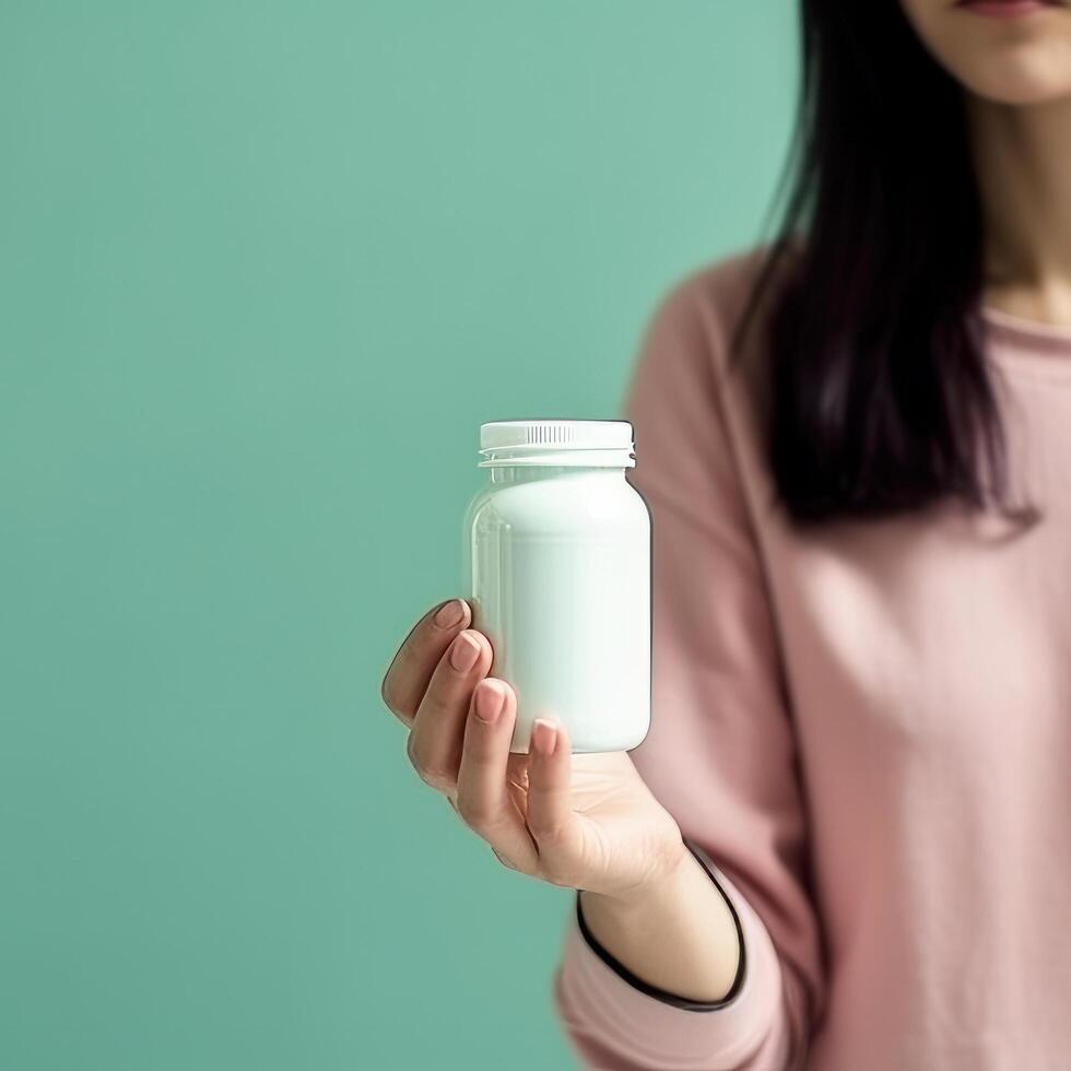 Woman holding a bottle of medication pills or supplements or vitamins. Illustration photo