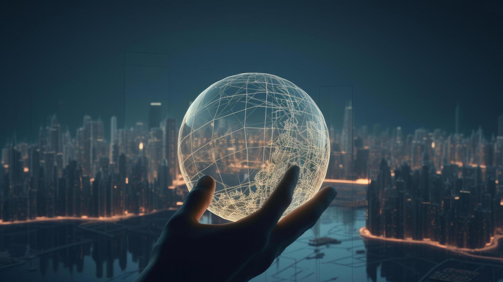 Man hand holds an electronic globe while looking at the city. Illustration photo