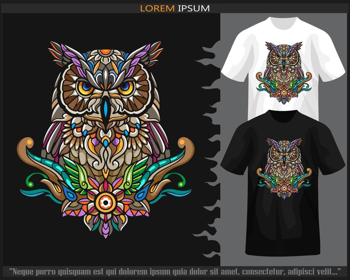 Owl bird mandala arts isolated on black and white t shirt. vector
