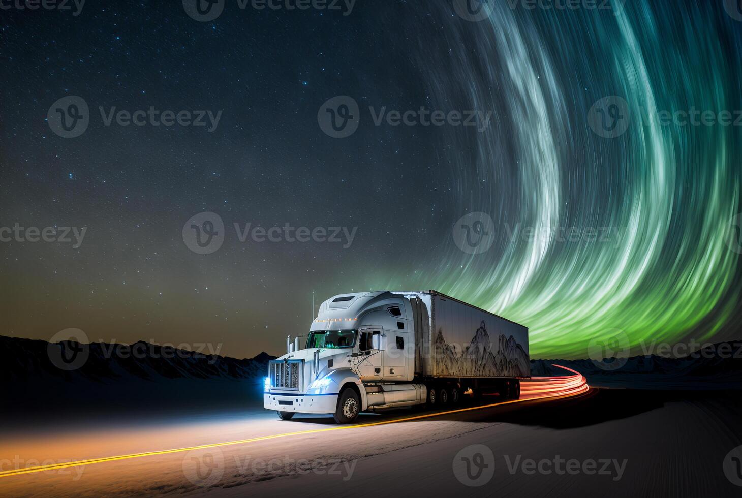Freight transport truck on the road with beautiful starry sky and aurora borealis, photo