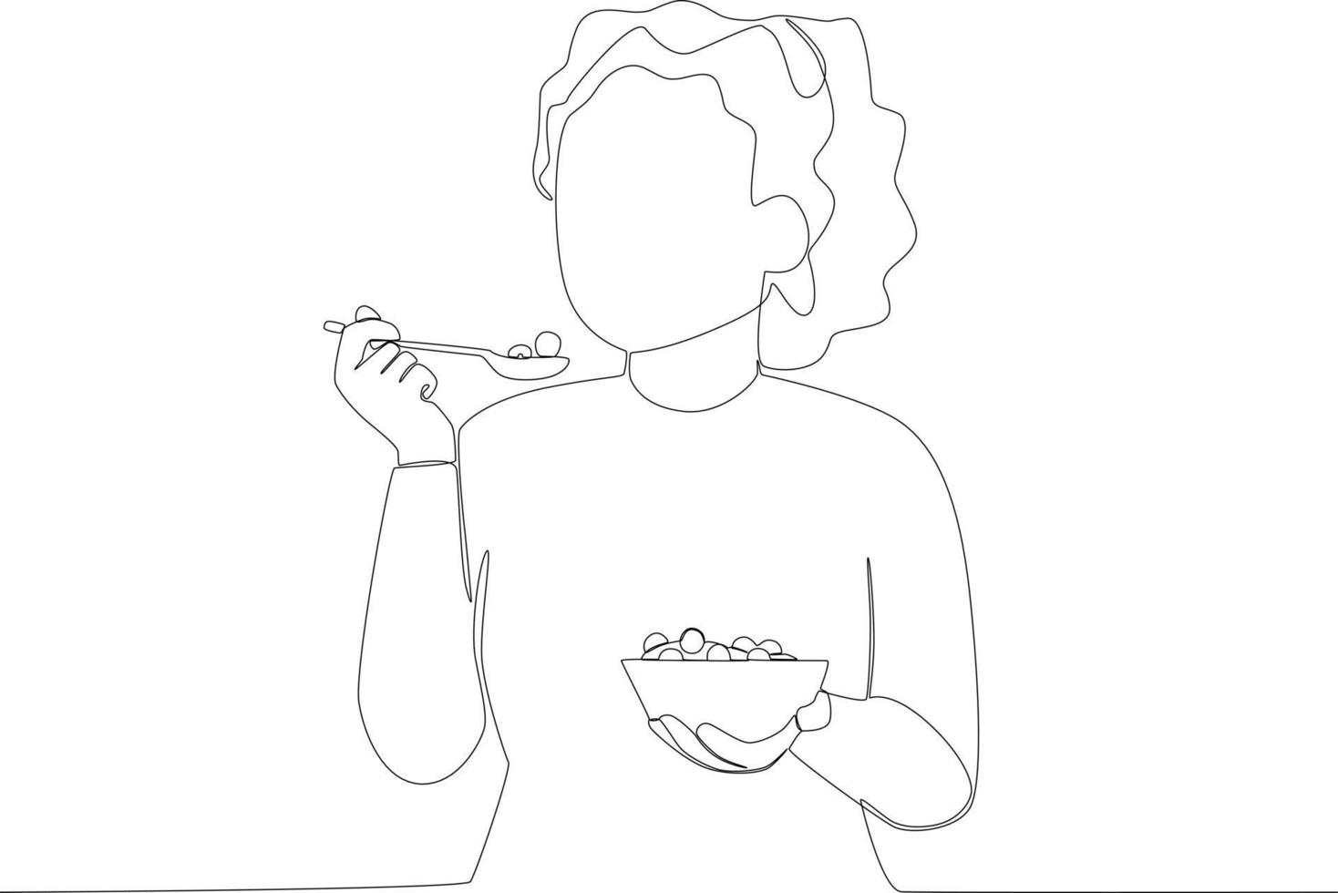 un mujer teniendo desayuno con un cuenco de cereal vector