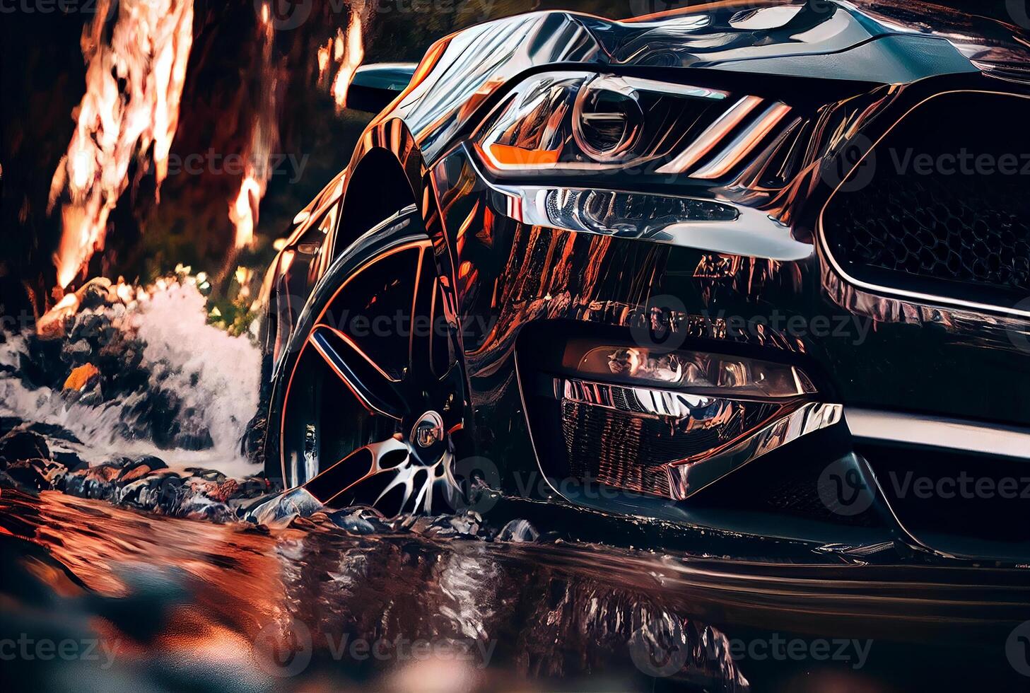 Modern suv cars driving through the puddle and splashing by water. photo