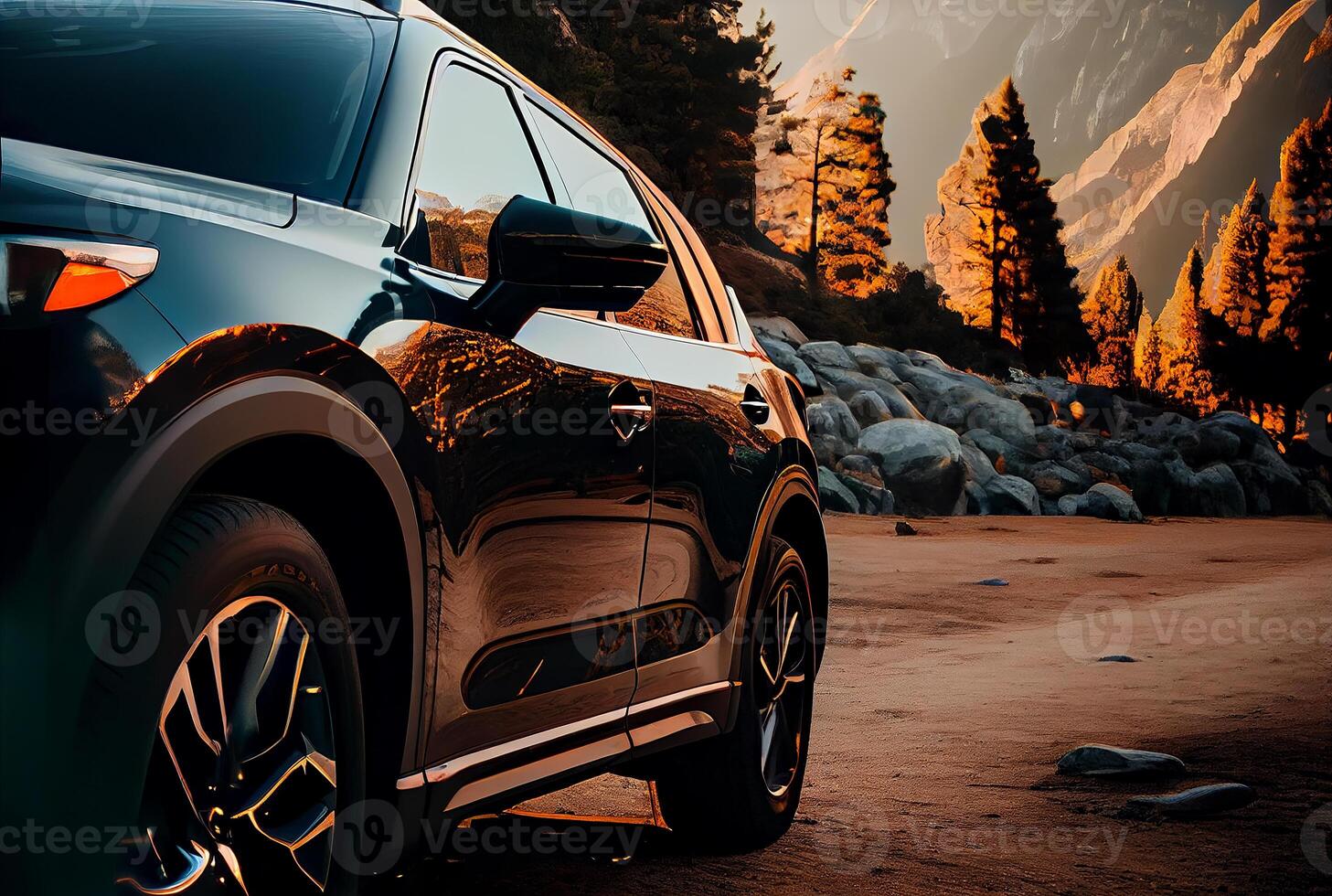 Electric suv cars parked in the view point with mountains in the background. photo