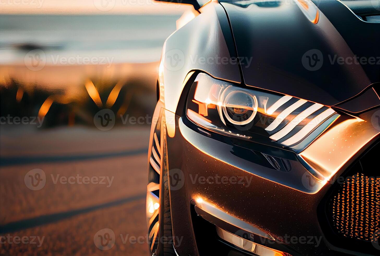 Electric suv cars parked in the coastal road with the sea in the background. photo