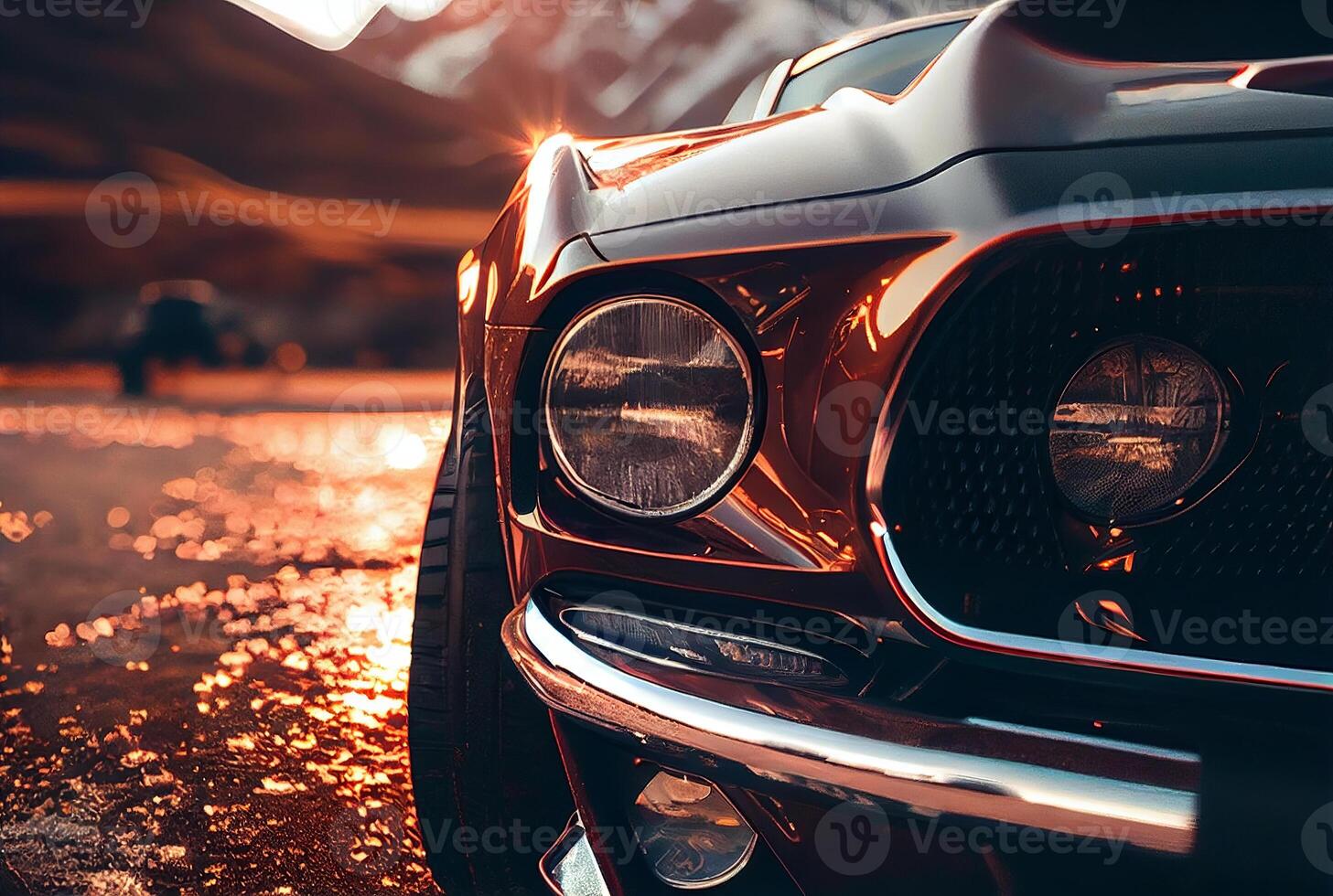 Vintage cars parked in the view point with mountains in the background. photo