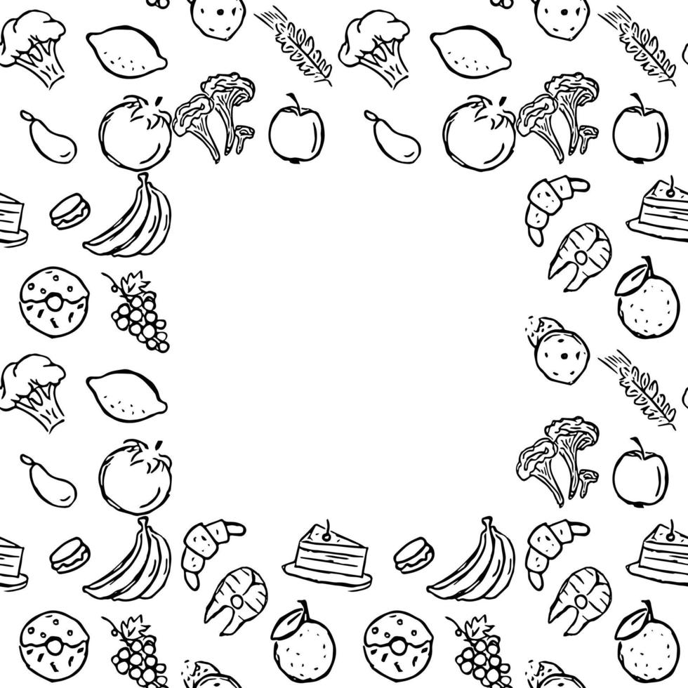 sin costura marco con comida iconos garabatear comida ilustración. comida antecedentes vector