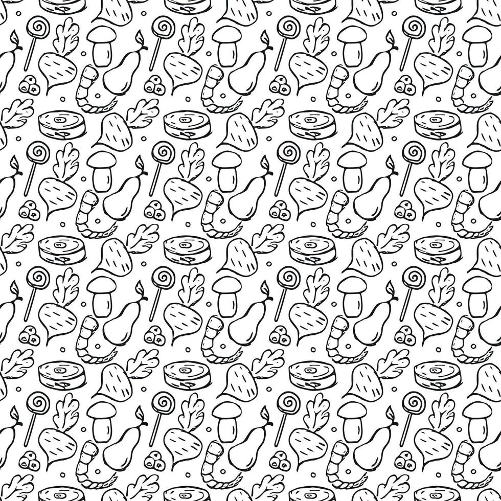 Seamless food pattern. Doodle vector food illustration.  Hand-drawn food background