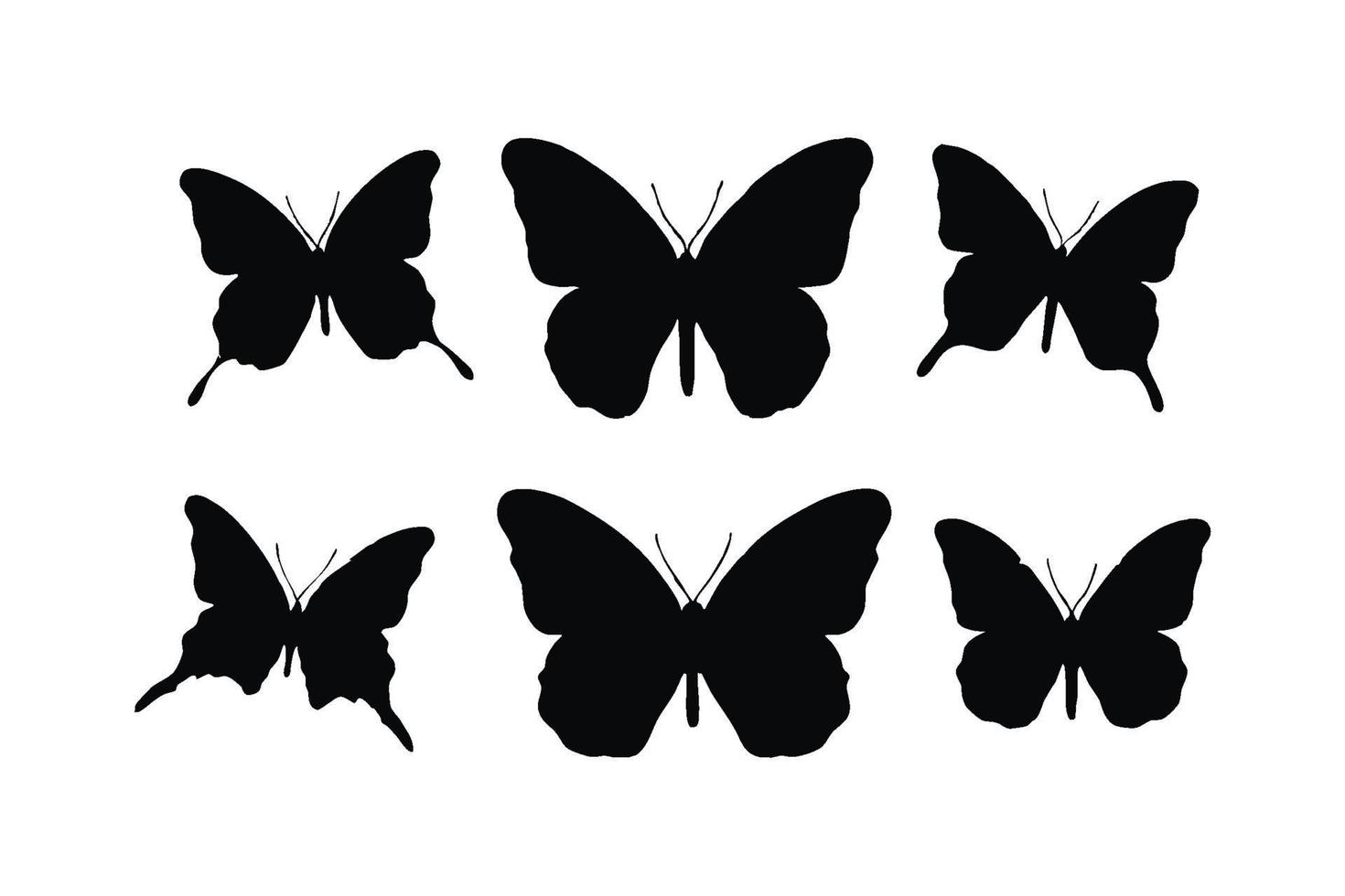 linda mariposas volador silueta recopilación. mariposa silueta haz en un blanco antecedentes. mariposas silueta en diferente posa monocromo mariposas volador en diferente posiciones. vector