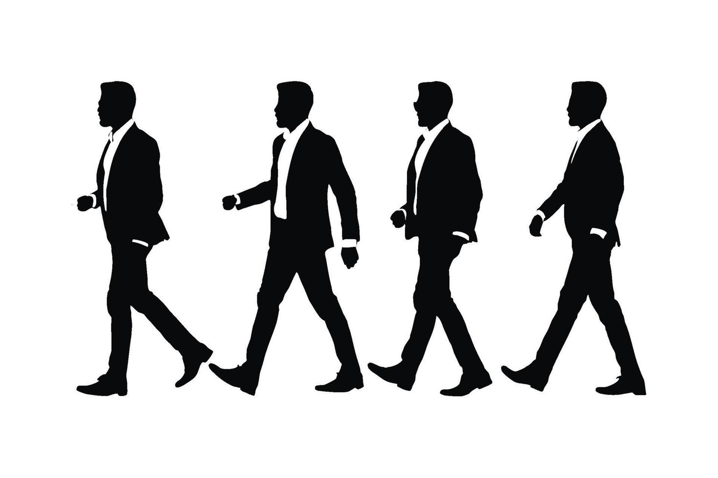 Businessmen walking in different position silhouette set vector. Office employees wearing suits and walking silhouette bundle with different poses. Businessmen silhouette collection with suits. vector