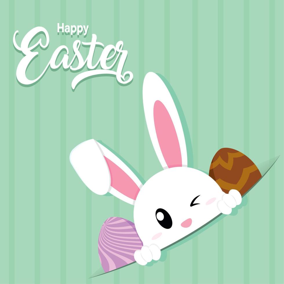 Cute rabbit with pair of easter eggs Happy easter Vector illustration