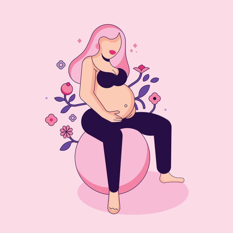 embarazada mujer se sienta en un pelota. niña es participación su barriga. vector