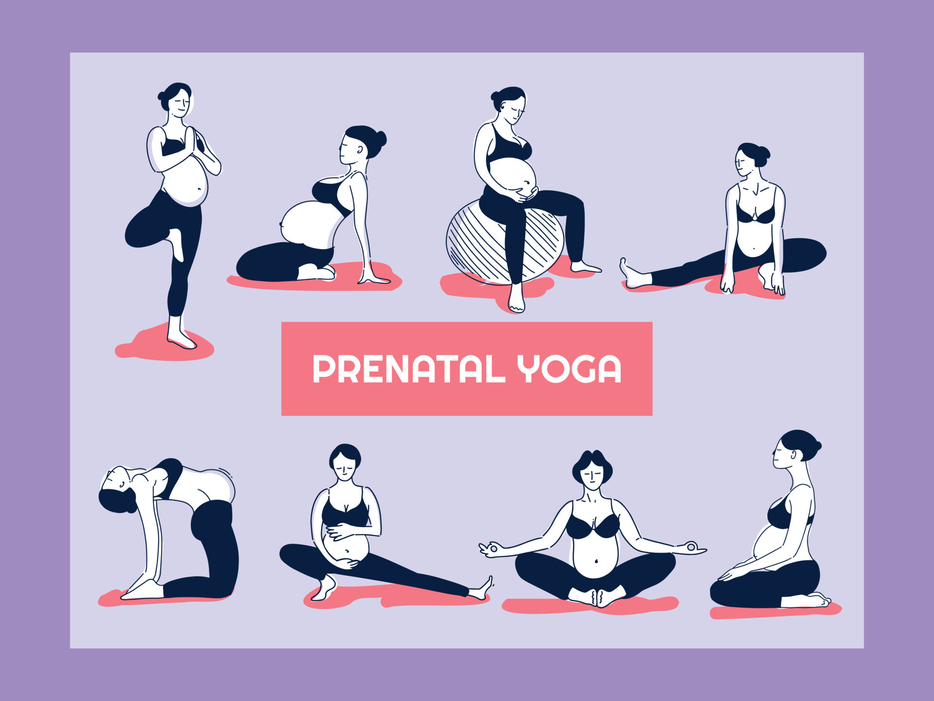 Set of pregnant woman doing yoga exercise. Fitness and sport during  pregnancy. Healthy lifestyle and relaxation. Healthy women with belly doing  yoga in different poses. Hatha asanas complex 22864075 Vector Art at