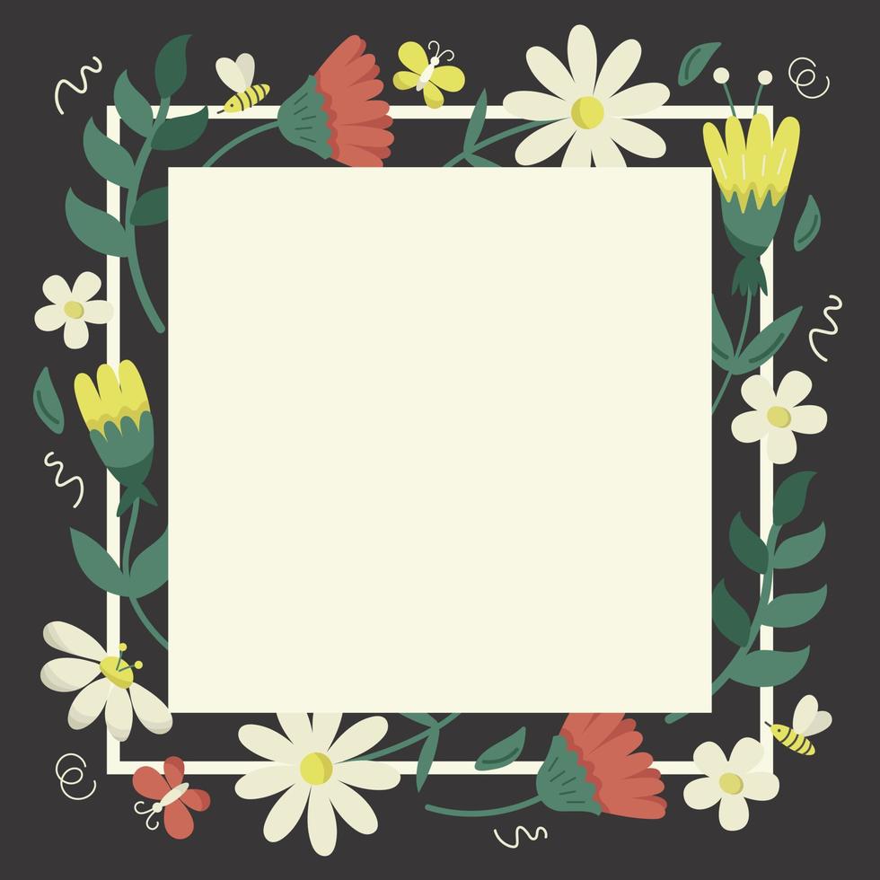 Spring cartoon flowers background with different flat flowers. Vector banner template. Floral frame.