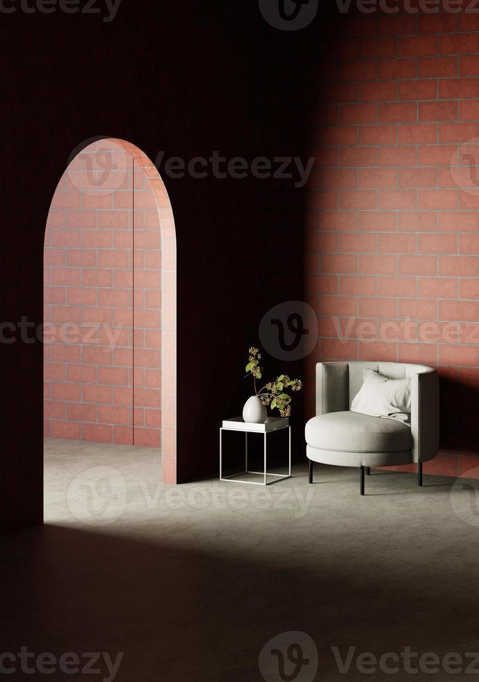 3D Rendering Single Fabric Sofa On Red Brick Wall And Concrete F photo