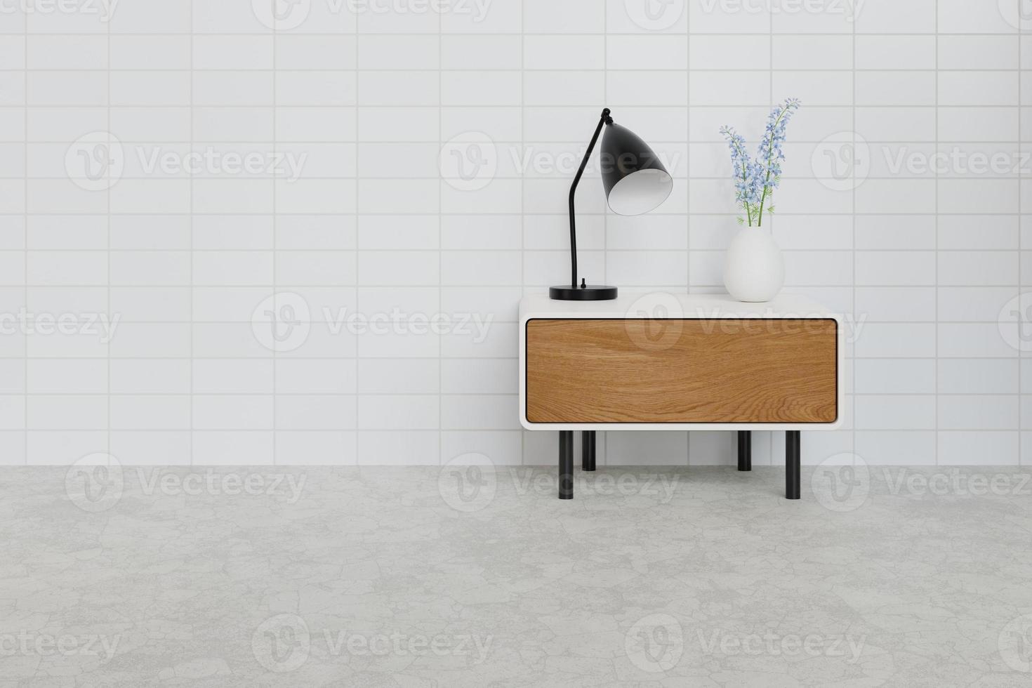 3D Rendering Wood Side Table O White Brick Wall And Concrete Flo photo