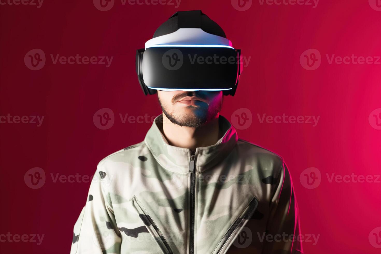 a man wearing a virtual reality headset with neon light. photo