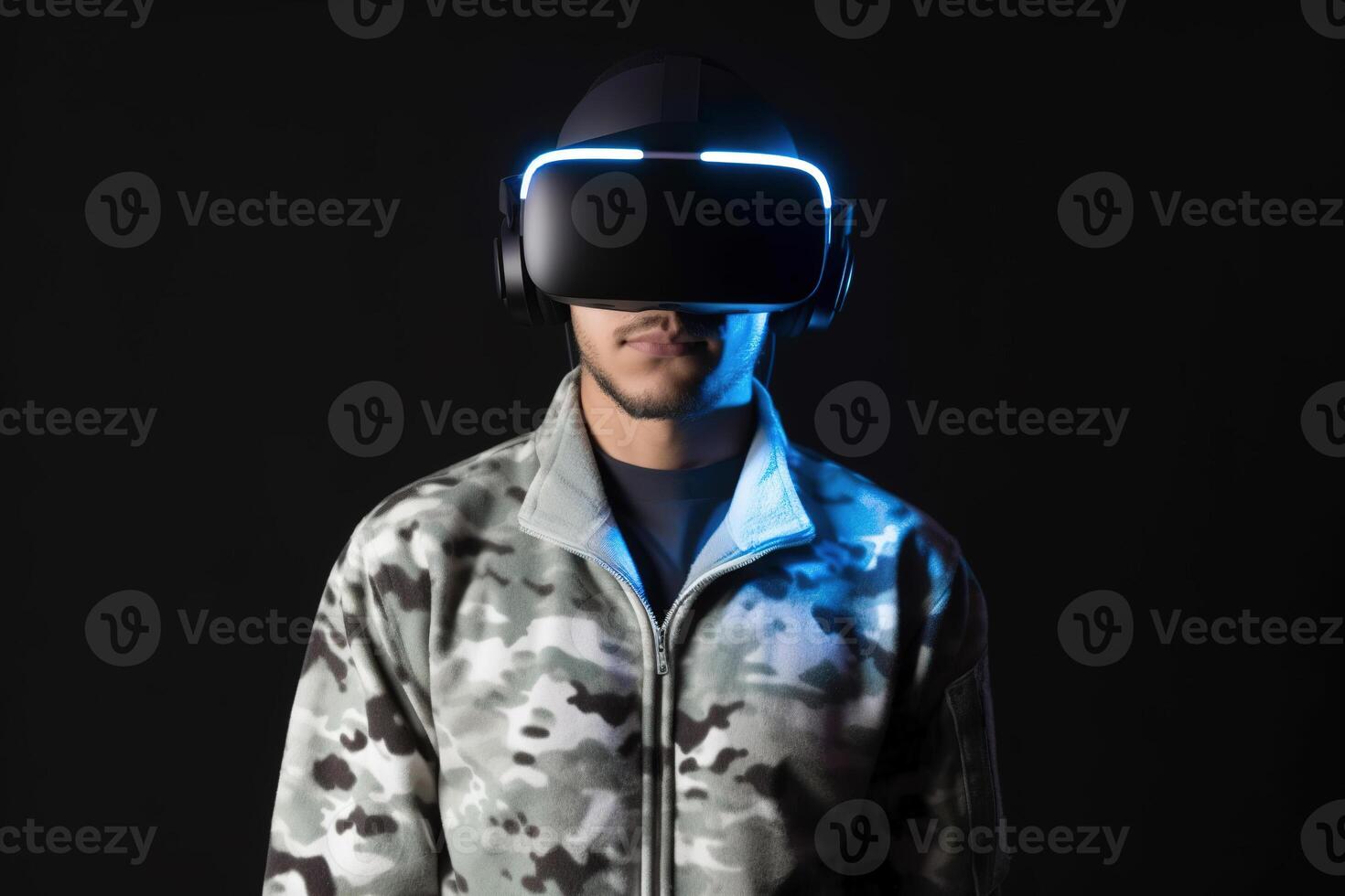 a man wearing a virtual reality headset with neon light. photo