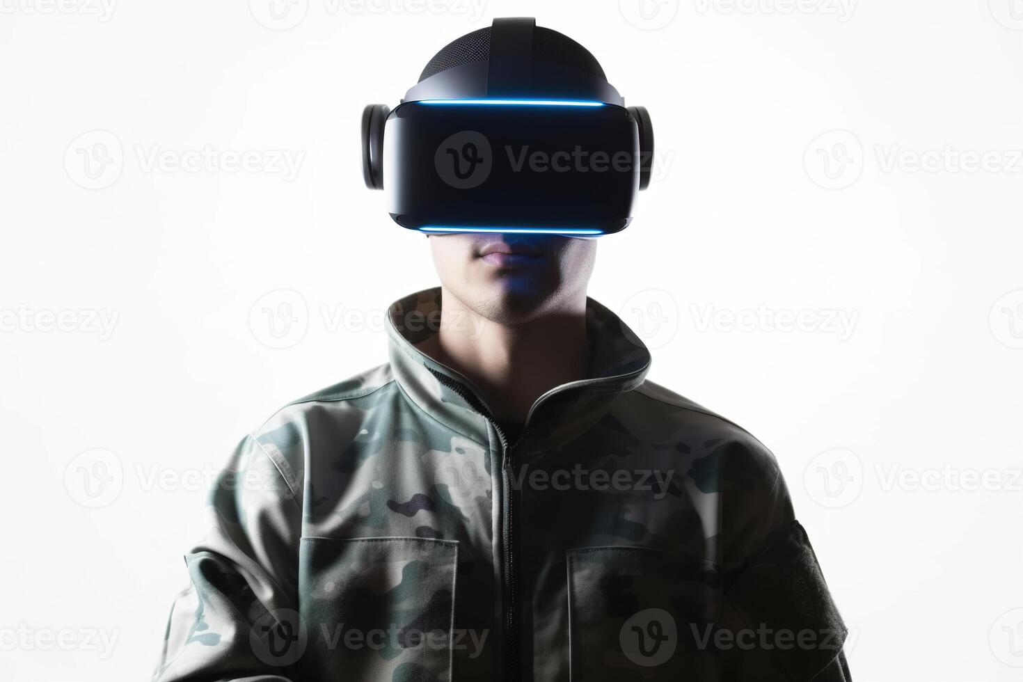 a man wearing a virtual reality headset with neon light. photo