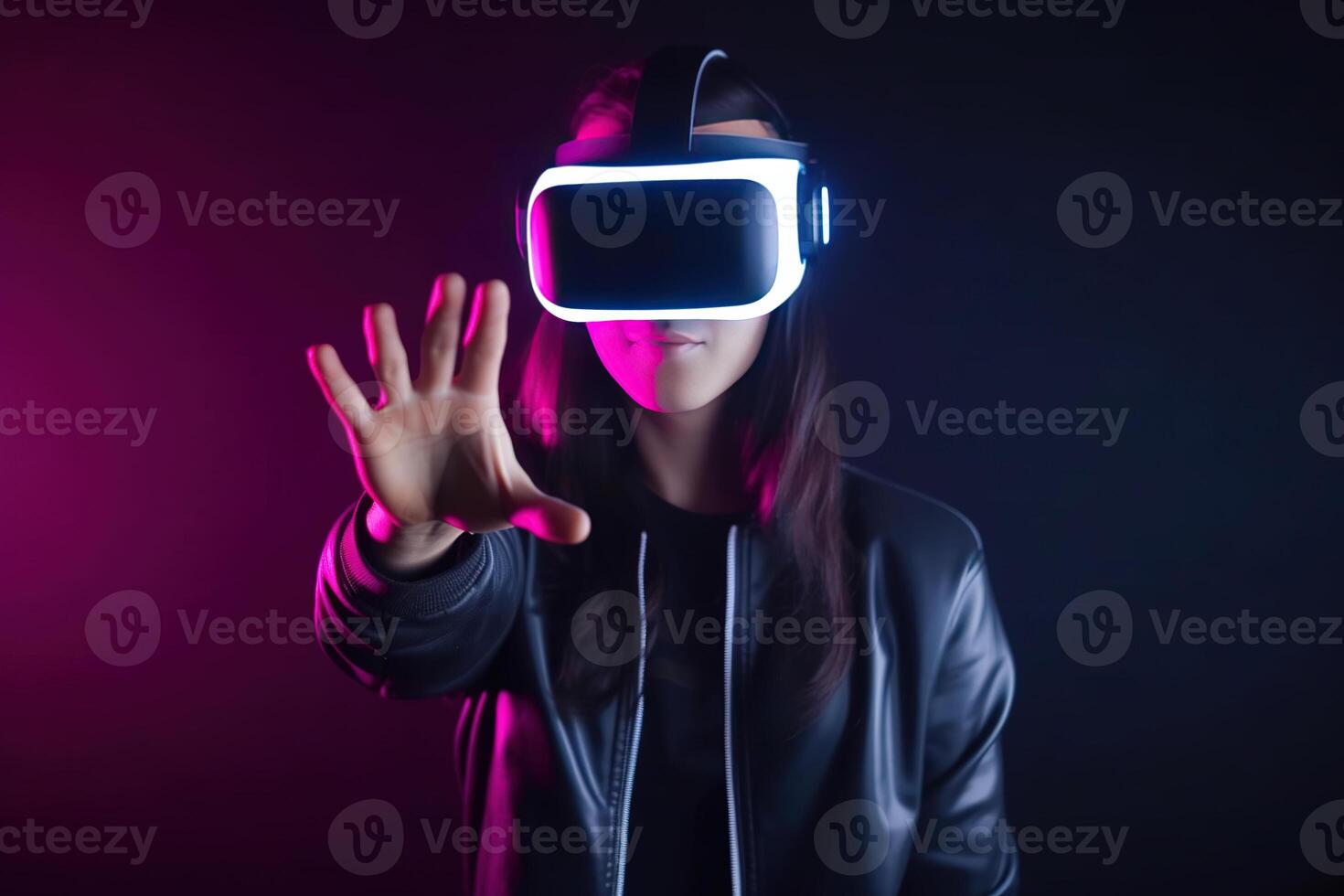 https://static.vecteezy.com/system/resources/previews/022/864/260/non_2x/a-woman-wearing-a-virtual-reality-headset-touching-the-virtual-object-on-dark-background-ai-generated-photo.jpg
