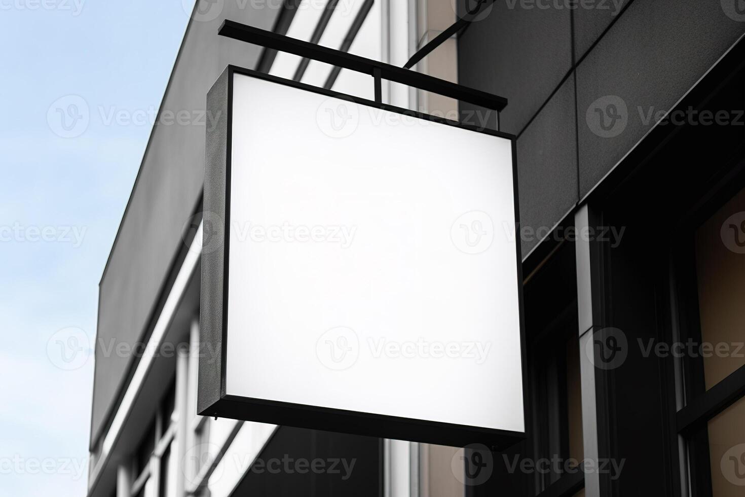 Blank white minimal square shop signboard mockup for advertising panel. photo