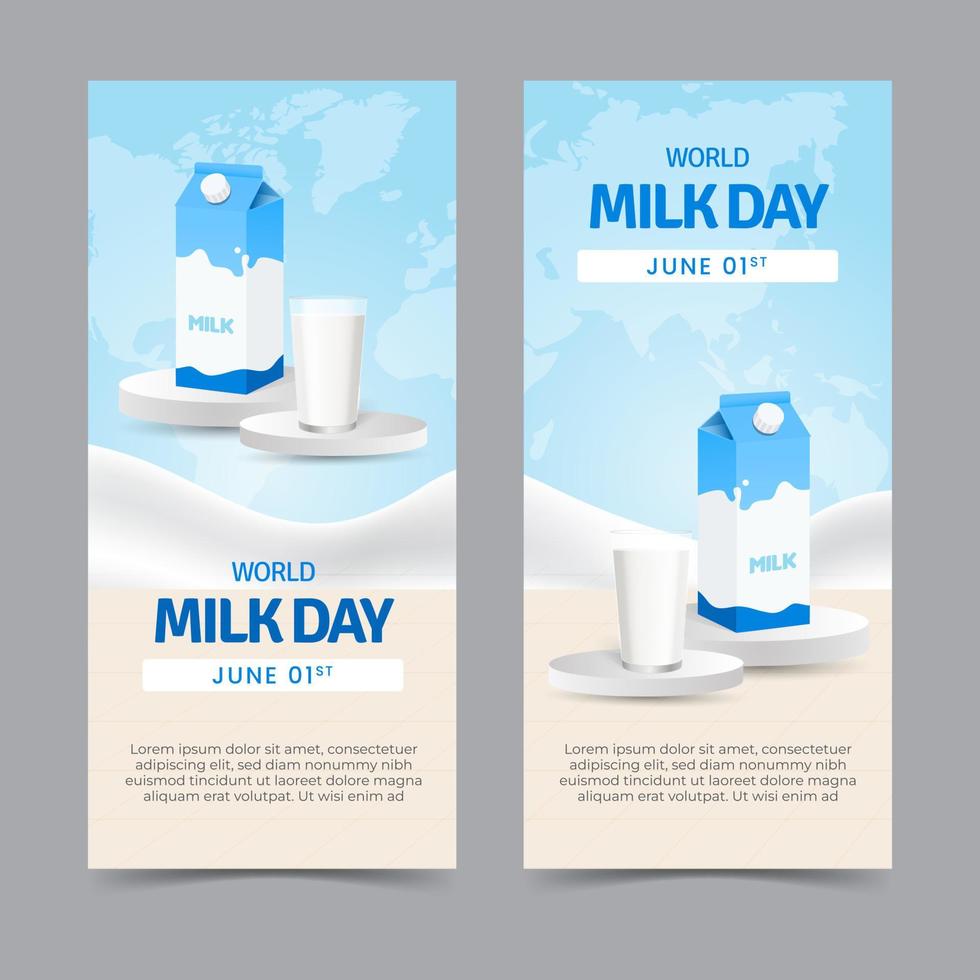 mundo Leche día junio Primero vertical bandera con un Leche vaso y Leche caja en el podio ilustración vector