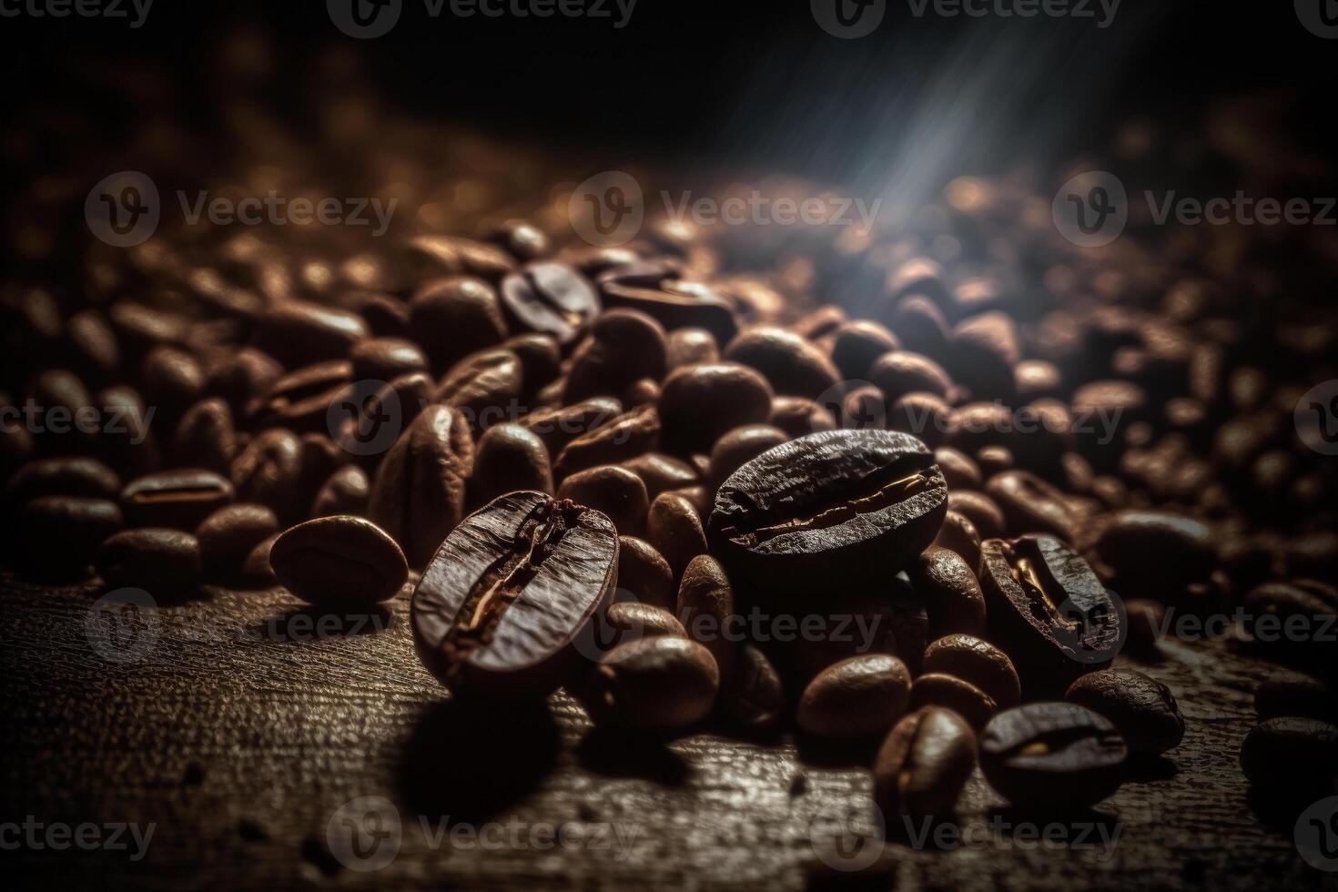 Pile of roasted coffee beans on dark background. photo