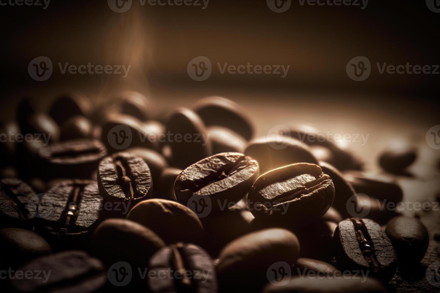 Pile of roasted coffee beans on dark background. photo
