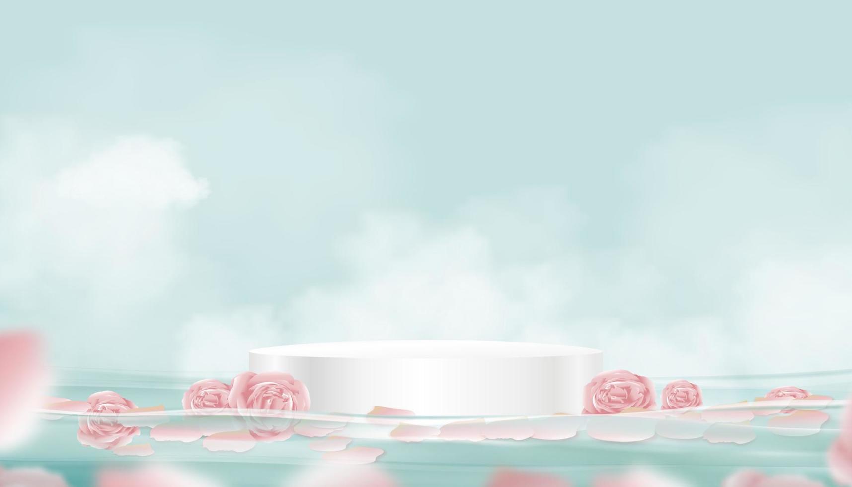 3d blanco podio paso con rosado Rosa flotante en agua con nube en azul cielo fondo, vector bandera estudio habitación monitor con cilindro estar flotante con pétalo flor para cosmético y spa producto