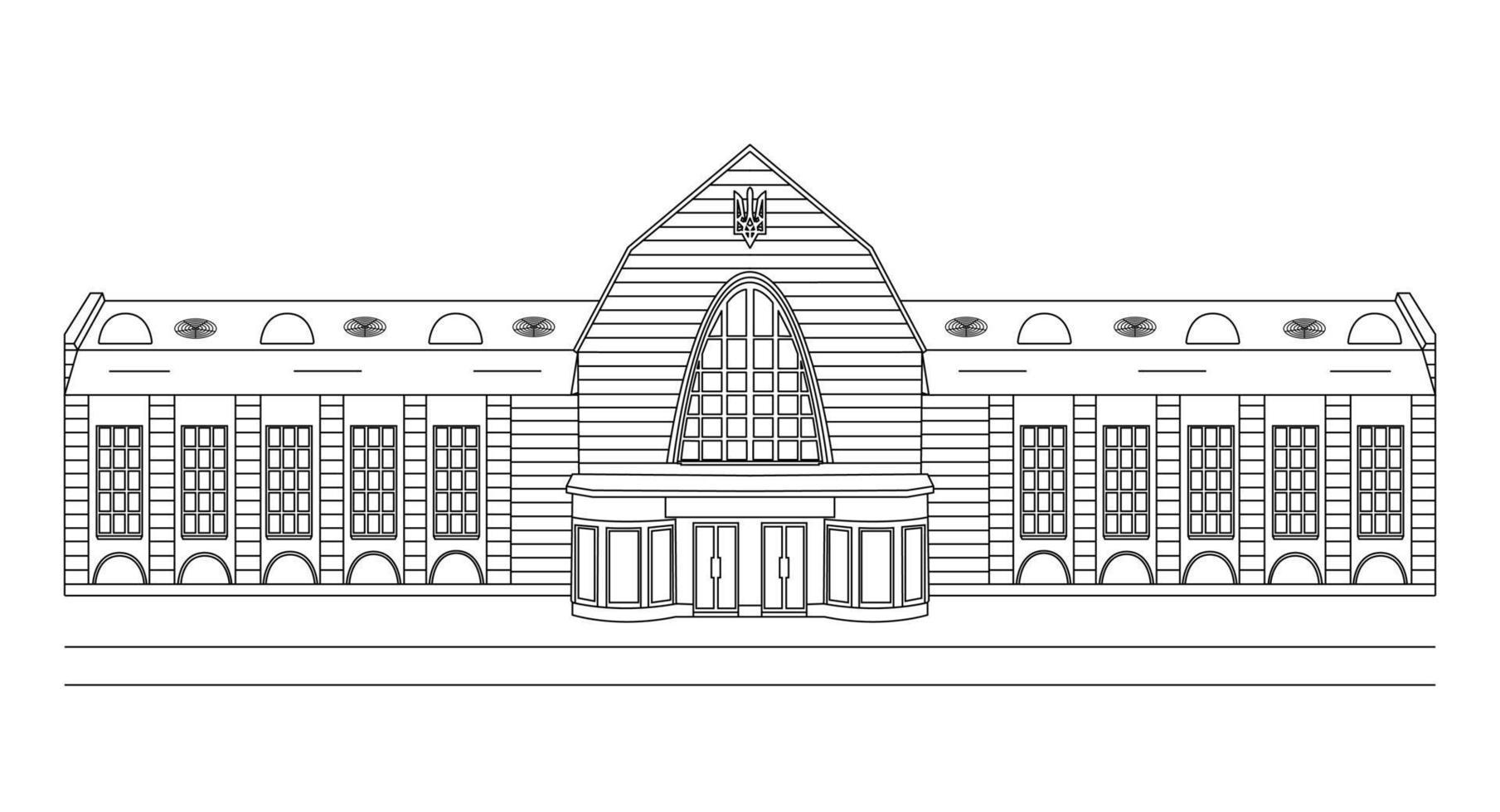Linear drawing of an administrative building - city hall, railway station, city administration, hotel, bank, police, airport, post office, government. vector