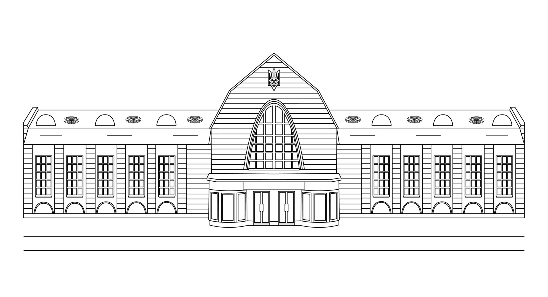 Linear drawing of an administrative building city hall, railway