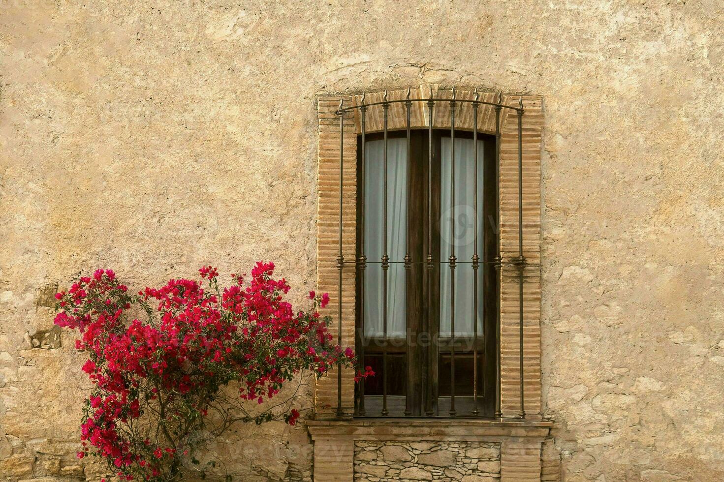 Rustic Mexican window with red Bougainvillea flowers photo