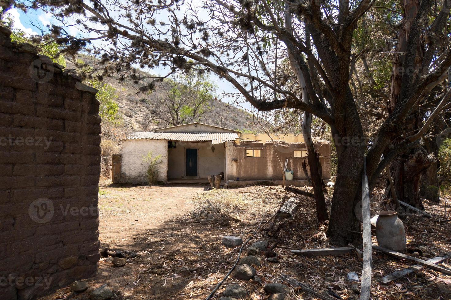 An abandoned rural house in the mountains with cactus photo