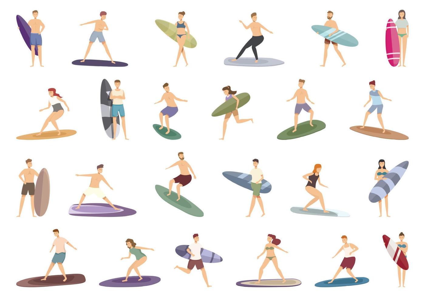 Surfer icons set cartoon vector. Surfboard character vector