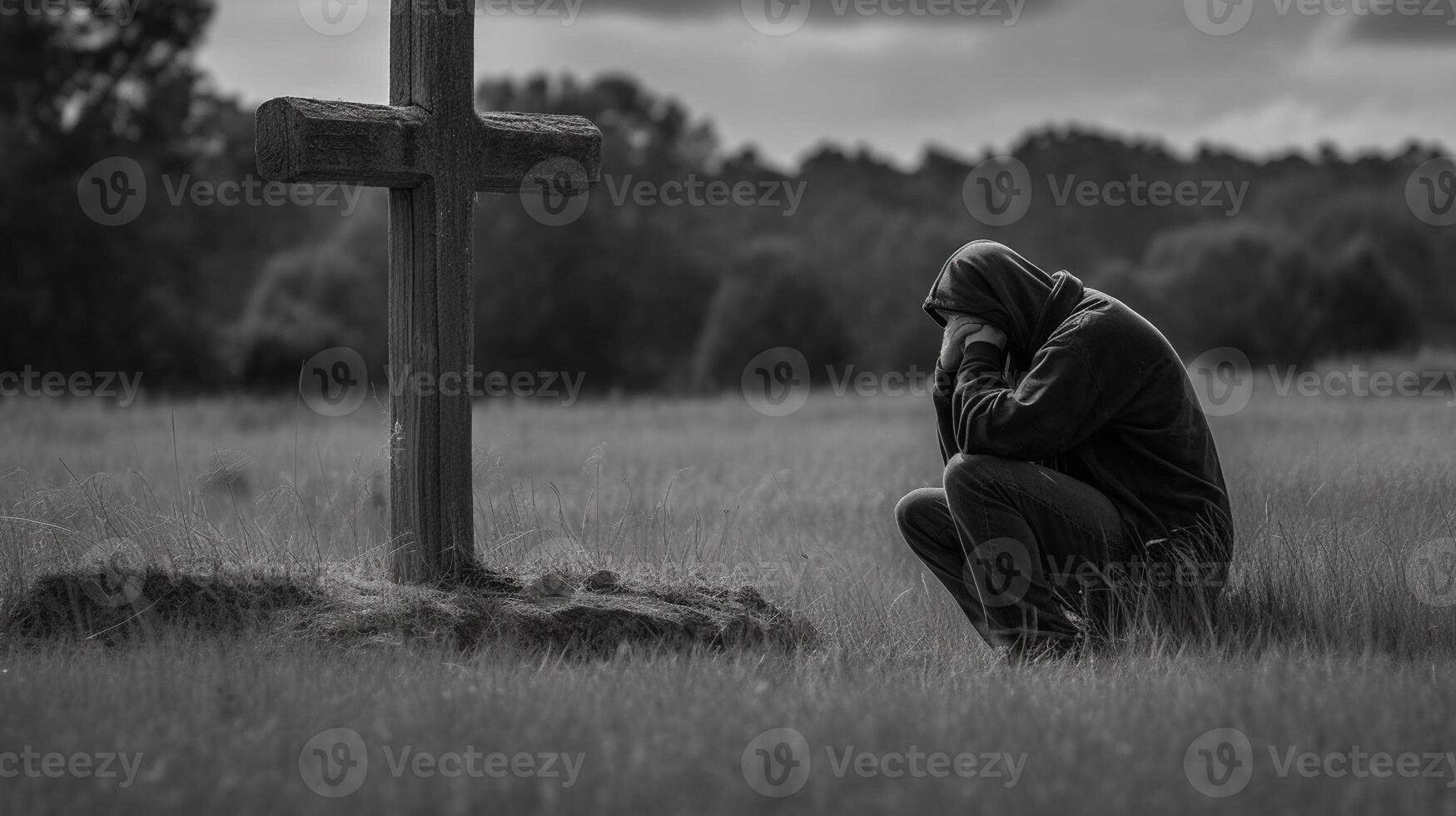 Man in front of a wooden cross in the countryside. Black and white. artwork photo