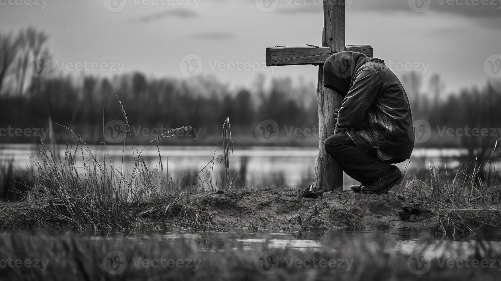Man in front of a wooden cross in the countryside. Black and white. artwork photo