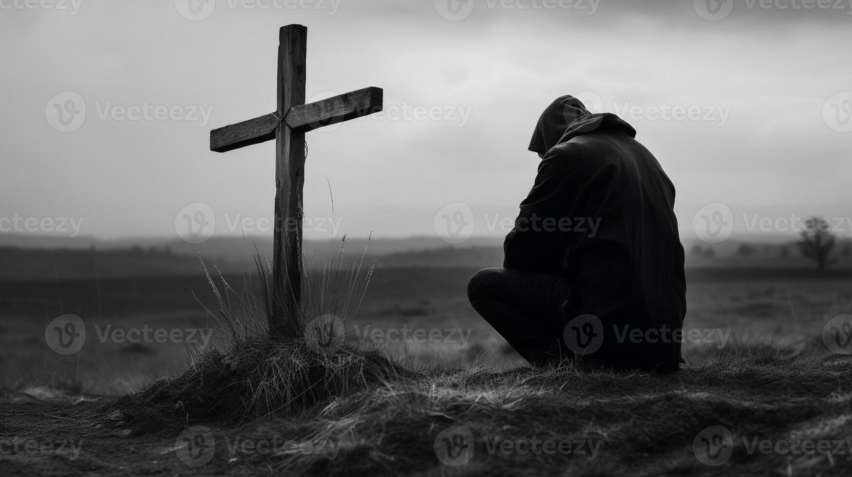 Man in front of a wooden cross in the countryside. Black and white. artwork photo