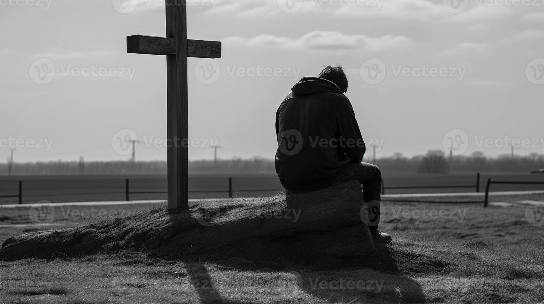 Man in front of a wooden cross in the countryside. Black and white. artwork photo