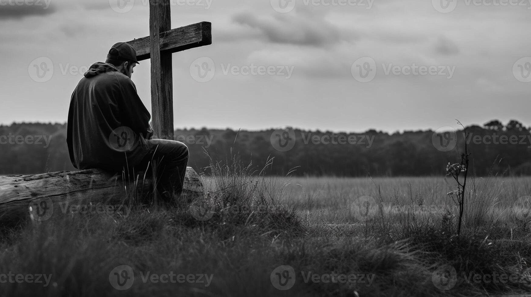 Man in front of a wooden cross in the countryside. Black and white. artwork photo