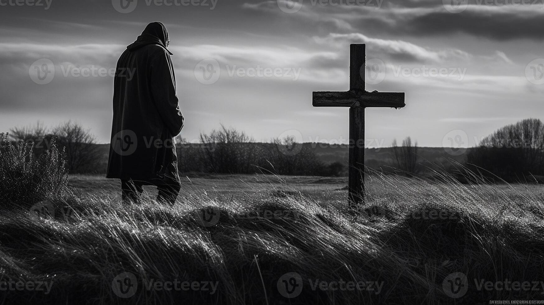 Man in front of a wooden cross in the countryside. Black and white. artwork photo