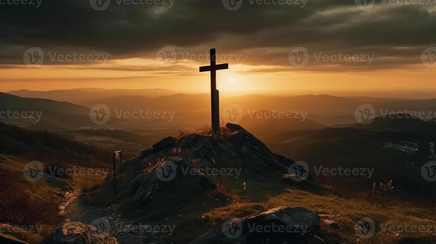 a wooden cross on the top of mountain . artwork photo