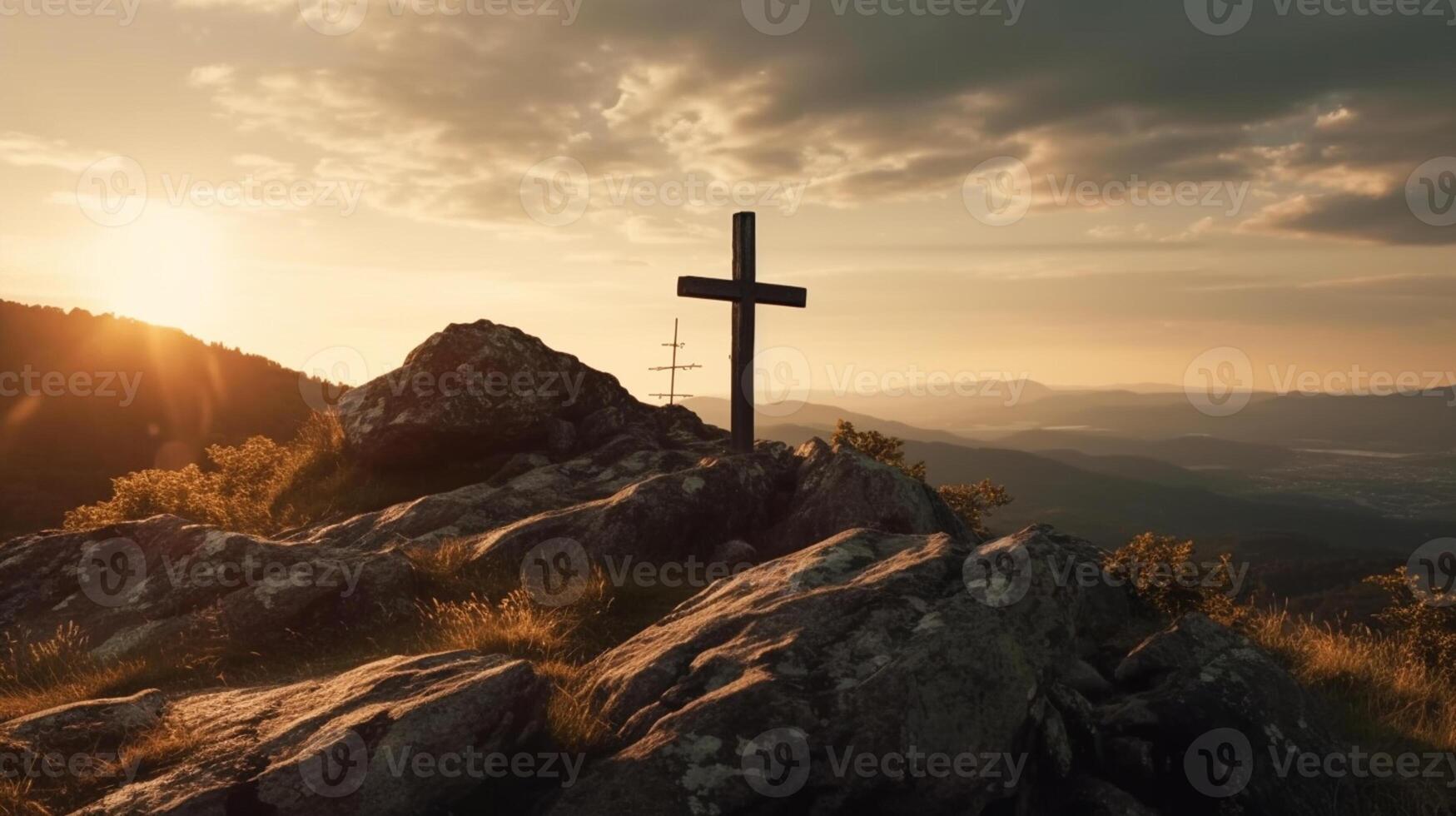 a wooden cross on the top of mountain . artwork photo