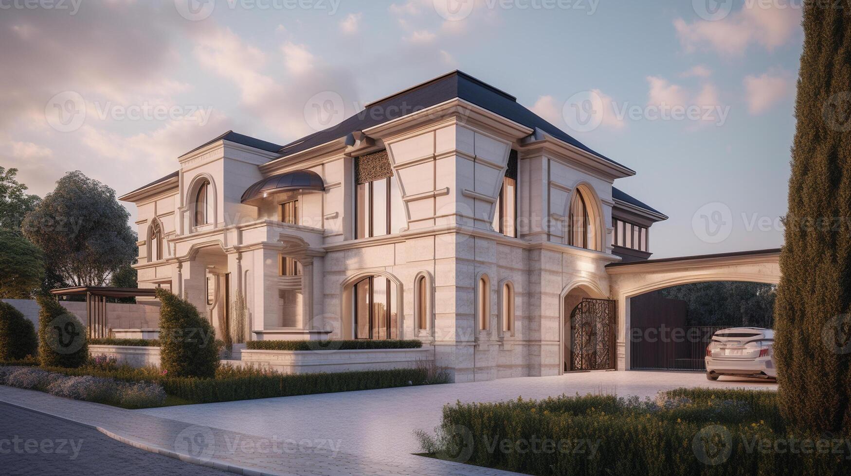 3d rendering of modern cozy house with garage for sale or rent with beautiful landscaping on background, real estate concept artwork photo