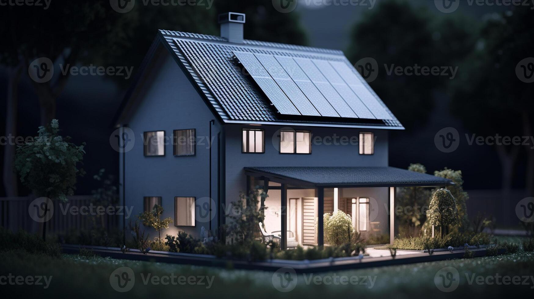 3D rendering of a house with solar panels on the roof. artwork photo