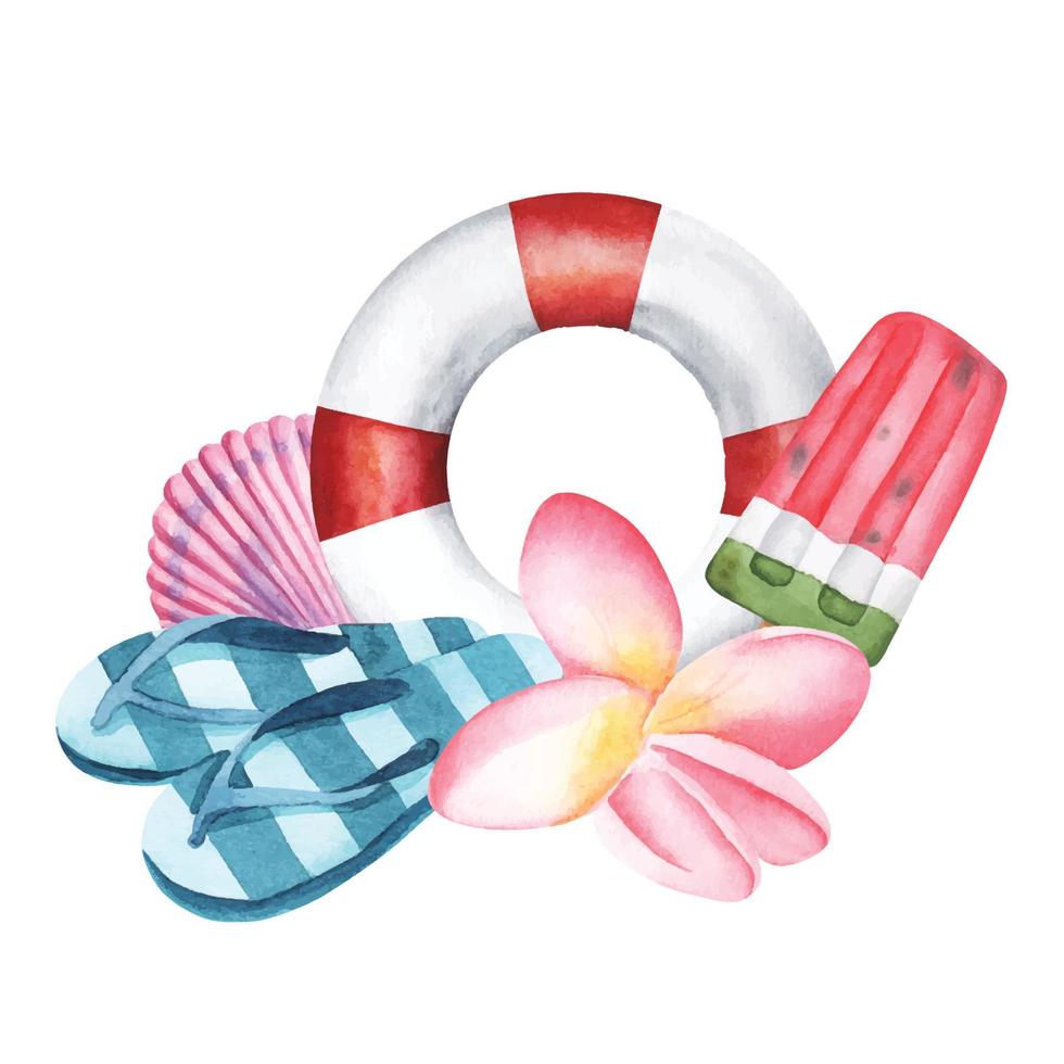 Watercolor illustration with life preserver red and white flip flops plumeria flower, ice cream watermelon, pink shell vector