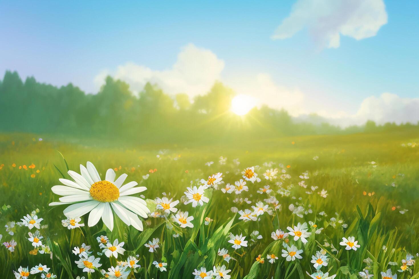 The landscape of daisies and grasses field with . photo