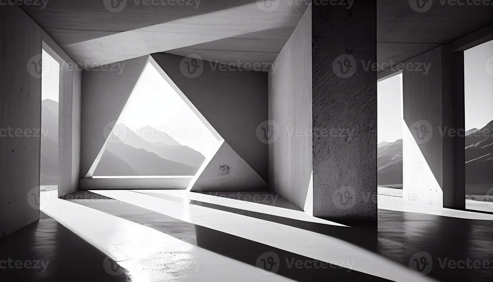 concrete interior with mountain view, Created with photo