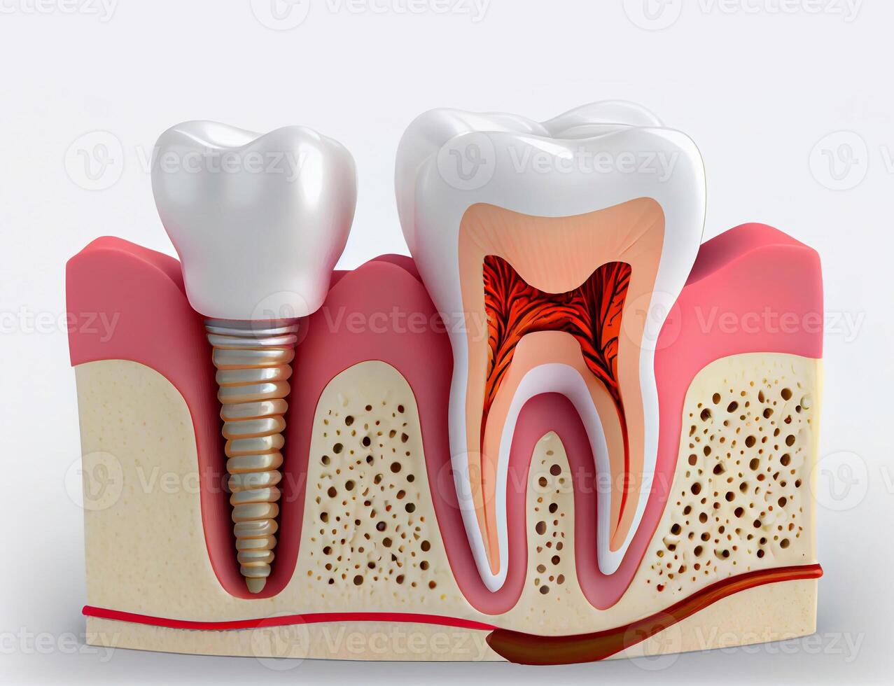 Teeth have been capped and the stainless pin in the gums. Created with photo