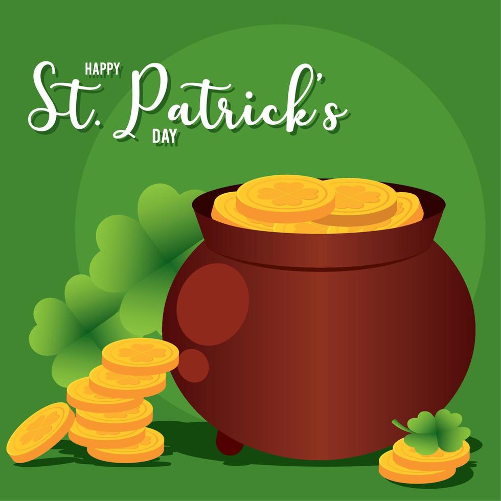 Cauldron with golden coins and clovers Saint patrick day poster Vector illustration